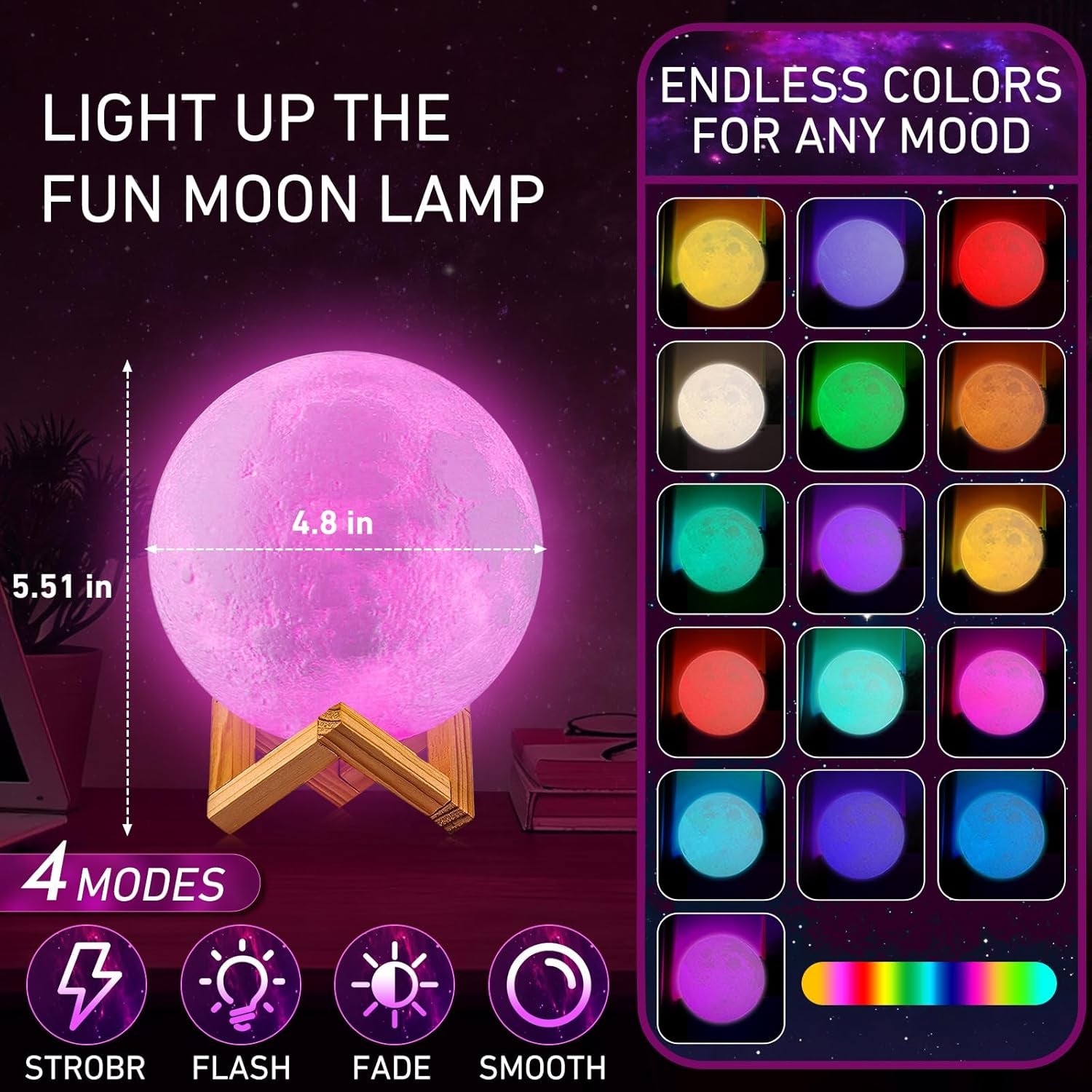Lámpara Luna LED 3D con 16 Colores y Control Remoto para Dormitorio Infantil